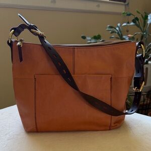 HOBO Render Leather Shoulder Bag in “Whisky” with signature Floral Interior
